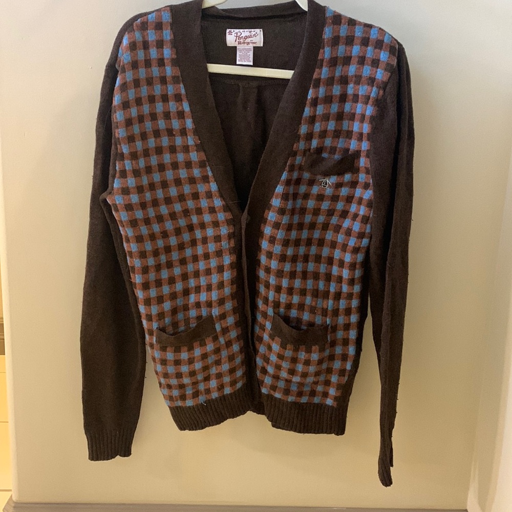 Original Penguin Mens Blue and Brown Plaid Cardigan Size M